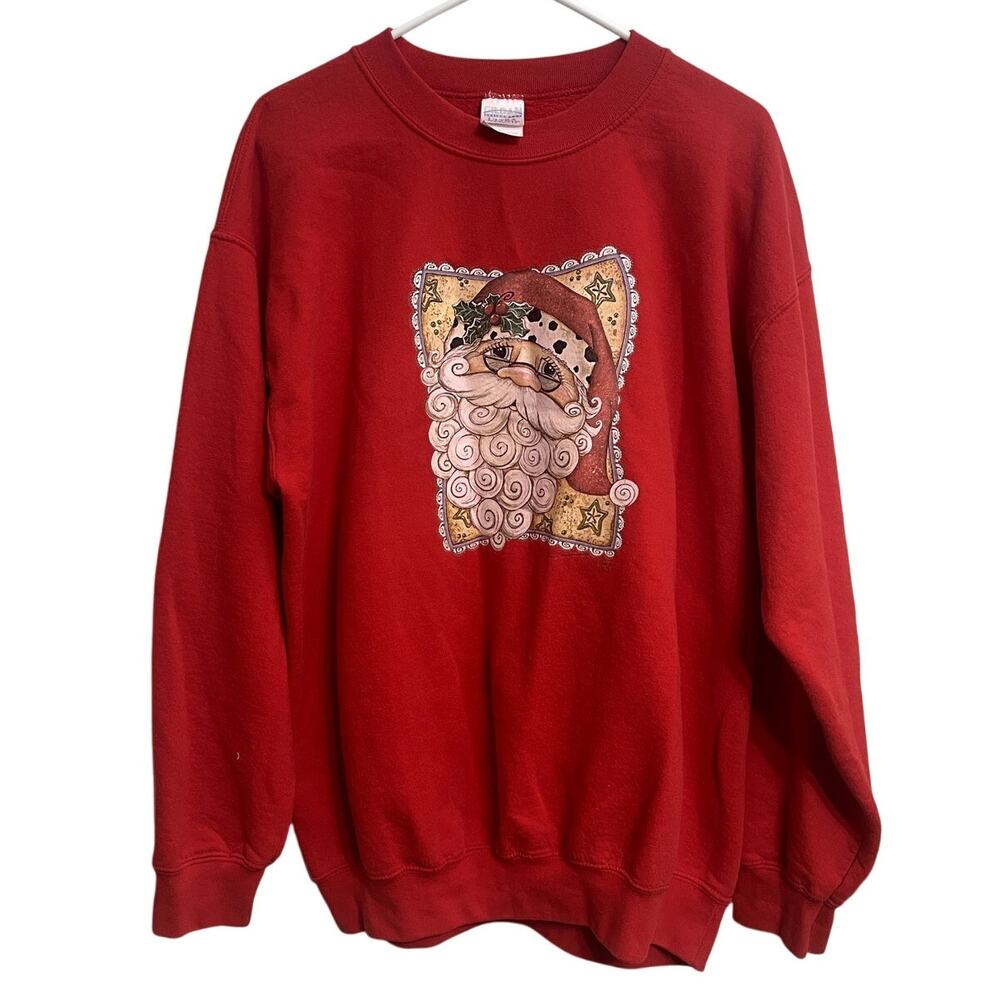Y2K Red Santa Claus Christmas Holiday Crewneck Grandma Sweater Size L